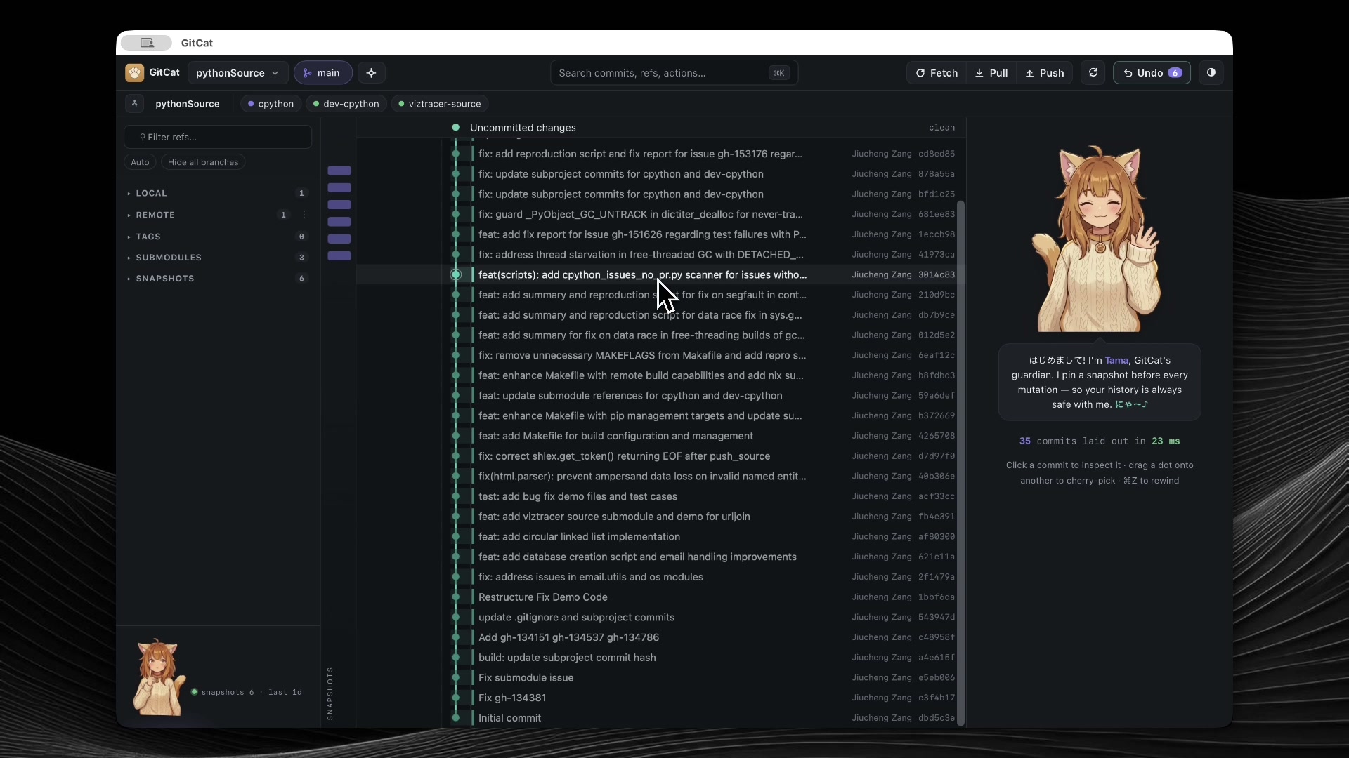 GitCat: commit graph, detail panel, and Tama the mascot