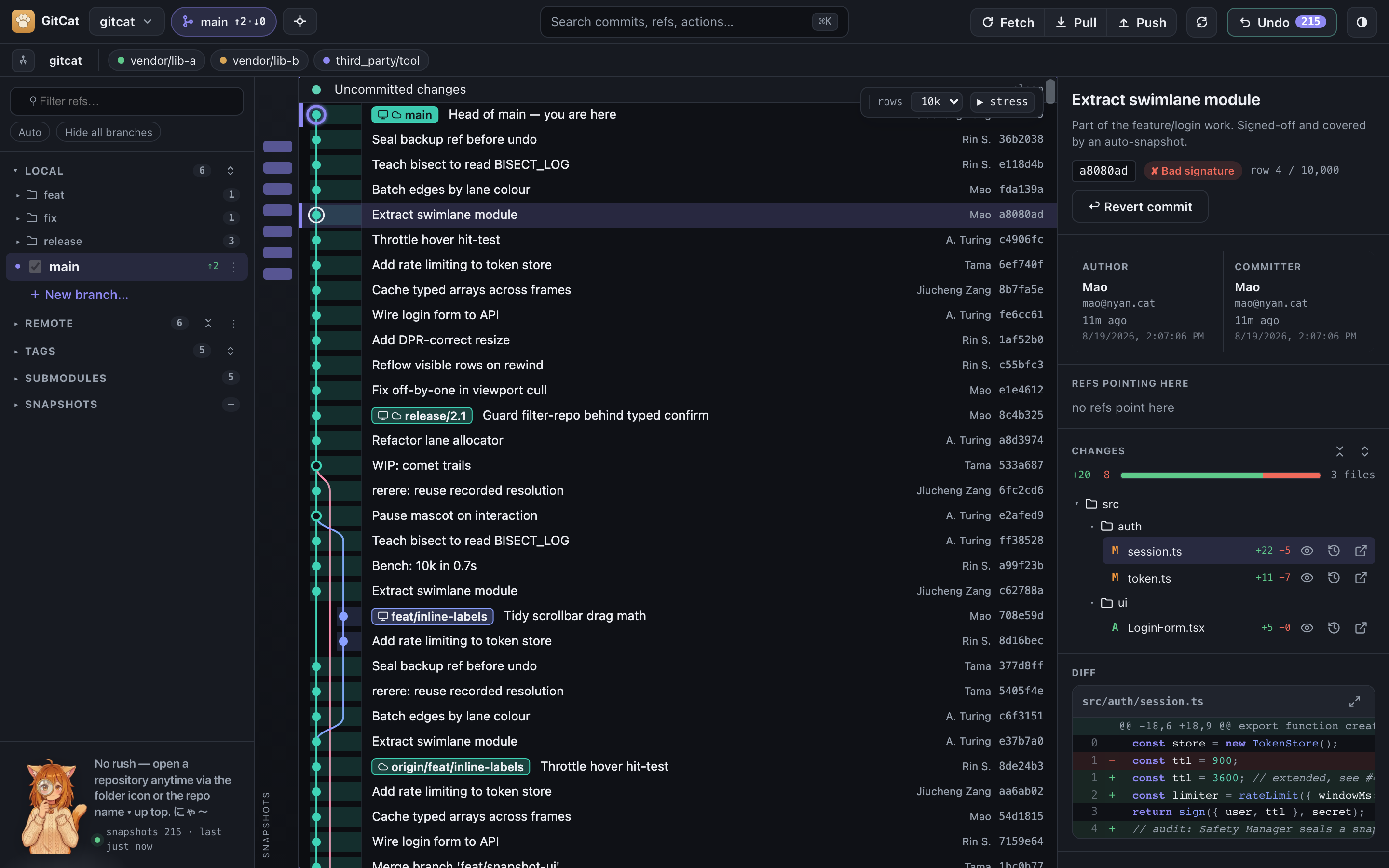 Commit detail panel with a syntax-highlighted diff