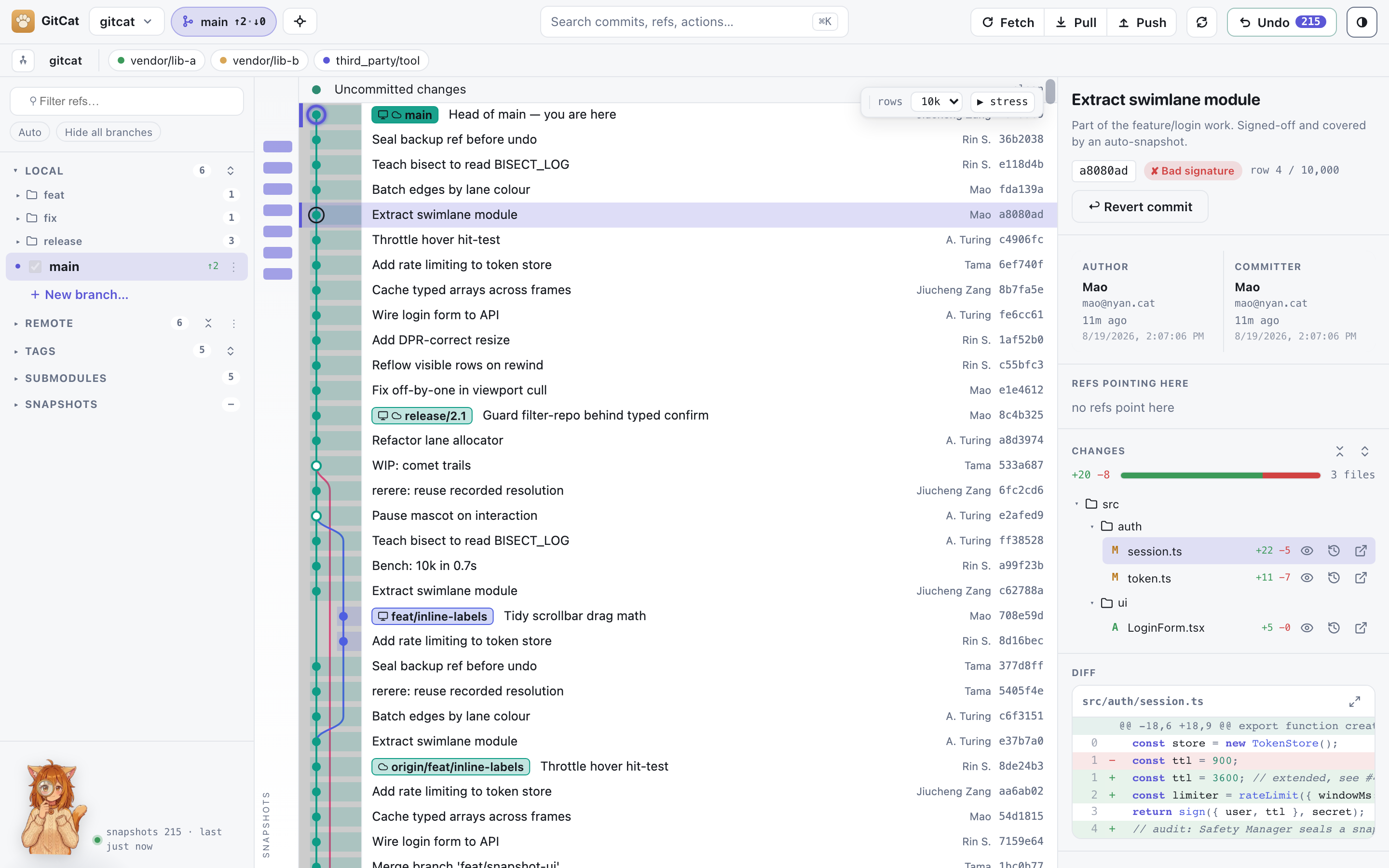 The commit graph in the light theme